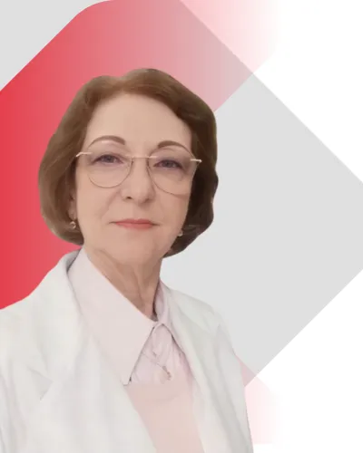 Doctora Alicia Gorzelewski con bata blanca, lentes y expresión profesional frente a fondo geométrico en tonos rojo y gris.