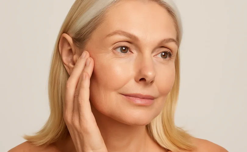 Mujer madura con piel saludable tocando suavemente su rostro, símbolo de bienestar y cuidado antienvejecimiento.