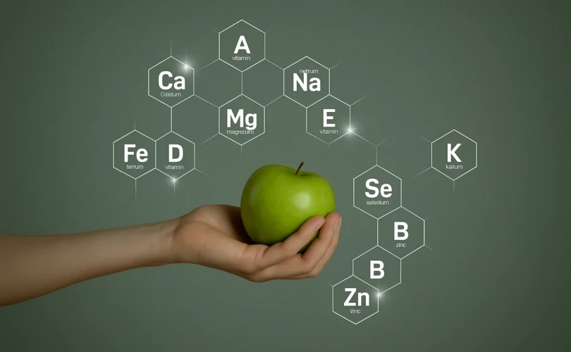 Mano sosteniendo una manzana verde con íconos de vitaminas y minerales como calcio, magnesio, zinc, hierro y vitamina C flotando alrededor, representando la importancia de los micronutrientes esenciales en la nutrición celular.
