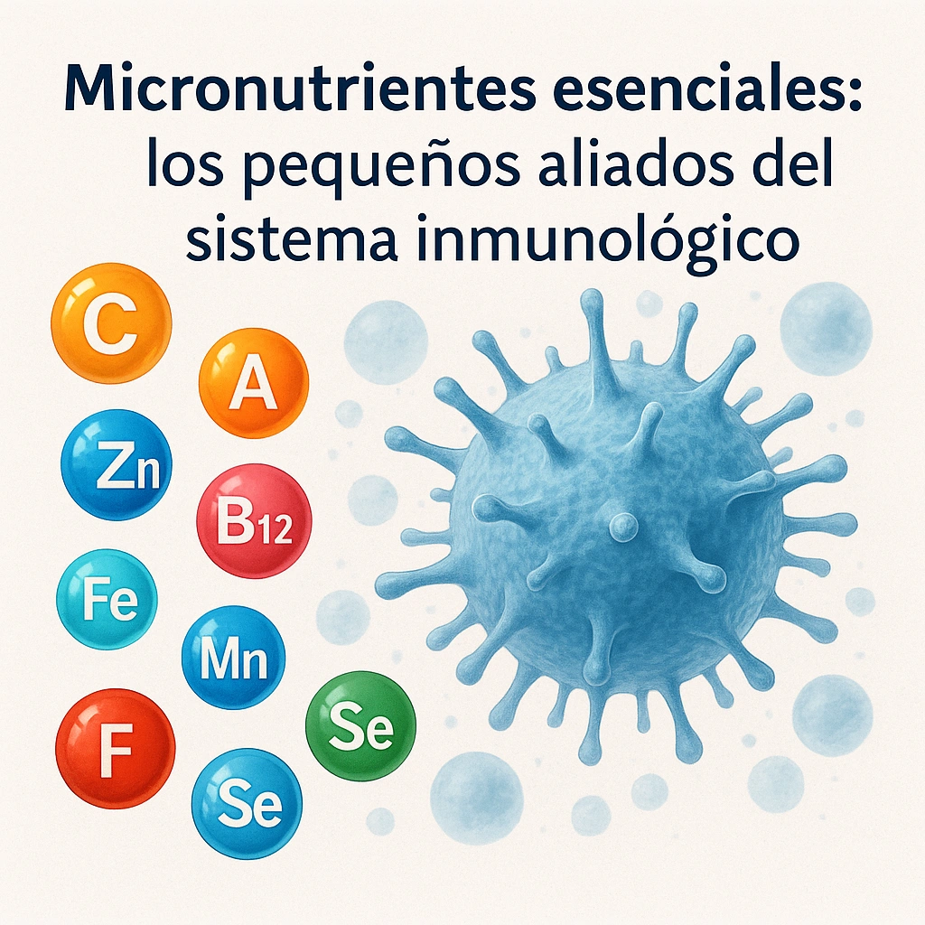 Representación visual de vitaminas y minerales que fortalecen el sistema inmunológico.