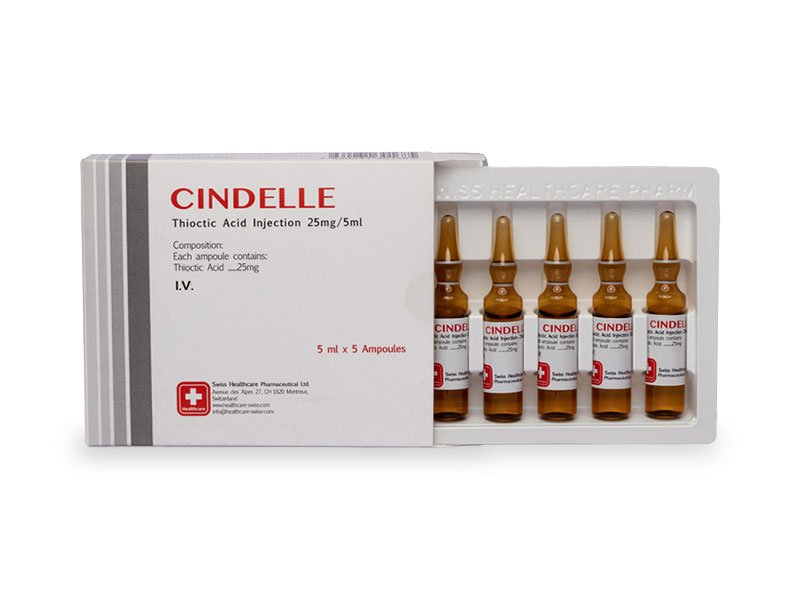 Vista de Caja y blister de viales de Cindelle, Ácido Alfalipóico, Ácido Tiótico, Swiss Healthcare Pharmaceutical
