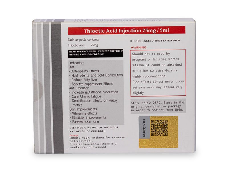 Vista trasera de Caja de Cindelle, Ácido Alfalipóico, Ácido Tiótico, Swiss Healthcare Pharmaceutical