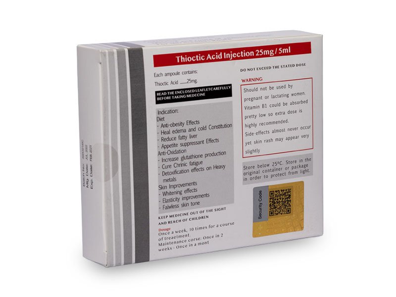 Vista trasera de Caja de Cindelle, Ácido Alfalipóico, Ácido Tiótico, Swiss Healthcare Pharmaceutical