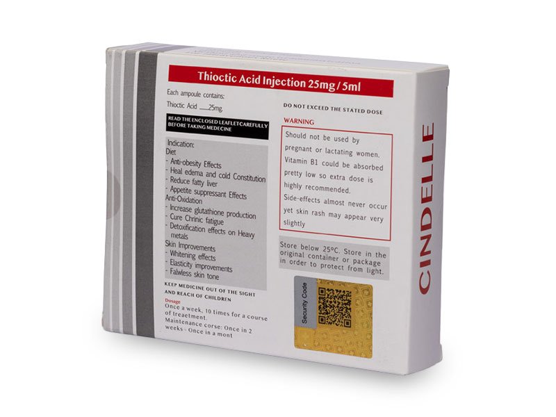 Vista trasera de Caja de Cindelle, Ácido Alfalipóico, Ácido Tiótico, Swiss Healthcare Pharmaceutical