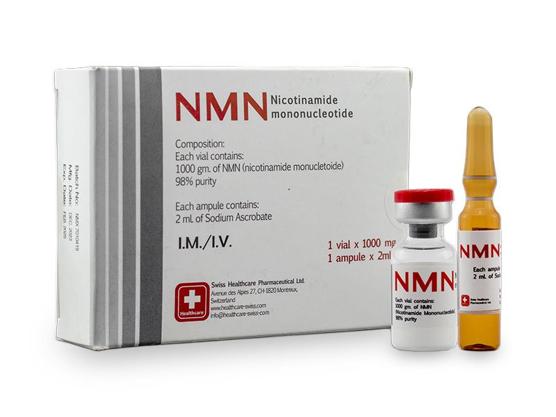 Vista de Caja Vial y Ampula de NMN, Mononucleotido de Nicotinamida, Swiss Healthcare Pharmaceutical