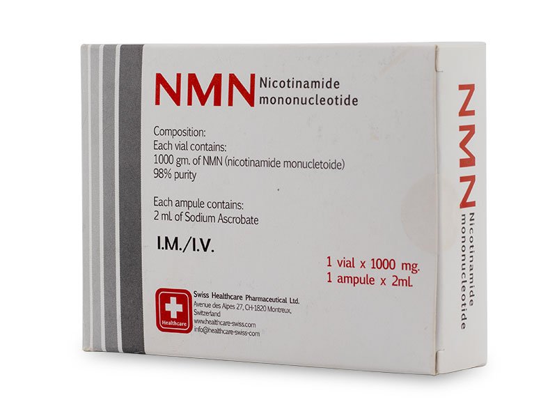 Vista frontal lateral de Caja de NMN, Mononucleotido de Nicotinamida, Swiss Healthcare Pharmaceutical