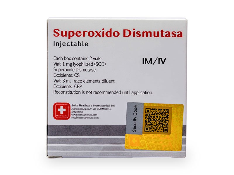 Vista frontal de Caja de SOD, Superóxido Dismutasa, Swiss Healthcare Pharmaceutical