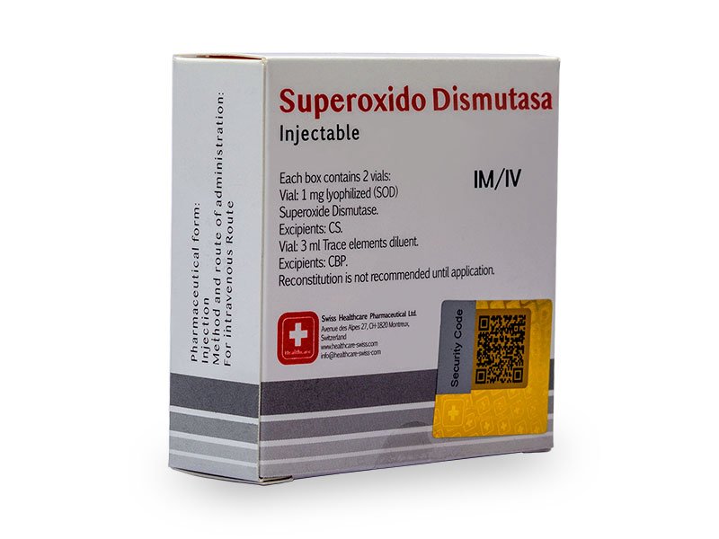 Vista frontal lateral de Caja de SOD, Superóxido Dismutasa, Swiss Healthcare Pharmaceutical