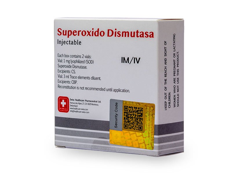 Vista frontal lateral de Caja de SOD, Superóxido Dismutasa, Swiss Healthcare Pharmaceutical