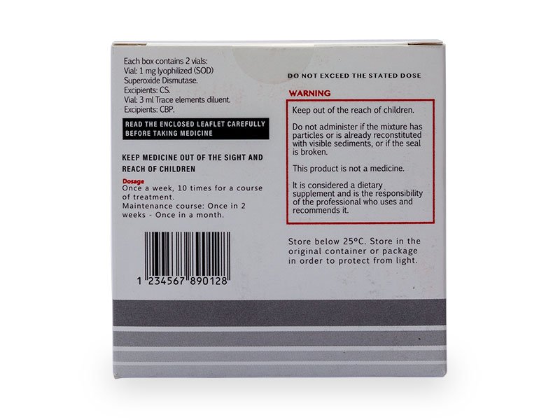 Vista trasera de Caja de SOD, Superóxido Dismutasa, Swiss Healthcare Pharmaceutical