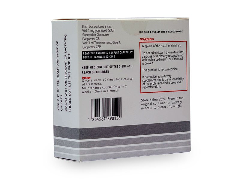 Vista trasera lateral de Caja de SOD, Superóxido Dismutasa, Swiss Healthcare Pharmaceutical
