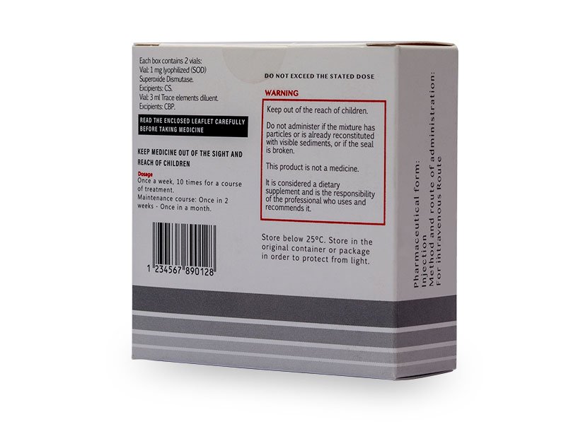 Vista trasera lateral de Caja de SOD, Superóxido Dismutasa, Swiss Healthcare Pharmaceutical